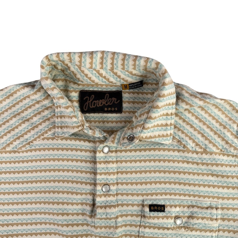 Howler Brothers Snap Polo Mens Medium Cream Tan Blue Geometric Western H-Bar-B
